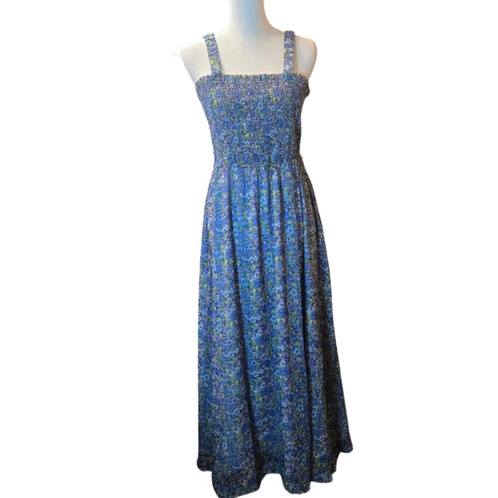 THE DROP Women Jaya Smocked-Bodice Chiffon Maxi Dress Sz: M  Navy Multi Floral